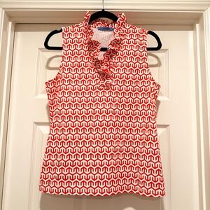 NWT $148 J. McLaughlin Sleeveless Durham Top White & Coral Sky Lattice Ruffle M